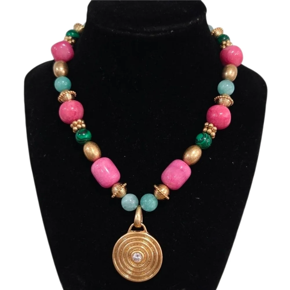 💕▪️ Piper K▪️Pink Marble & Dyed Quartz Malachite Beaded 16in CZ Necklace
